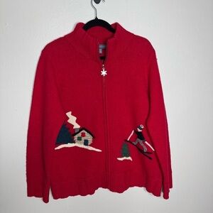 Northern Isles Vintage Zip Up Sweater Knitted Skiers Cabin Scene